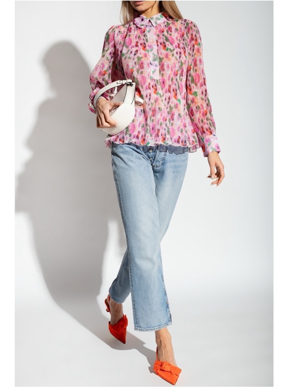 Ganni Pink Multicolor Floral Sheer Long-Sleeve Blouse